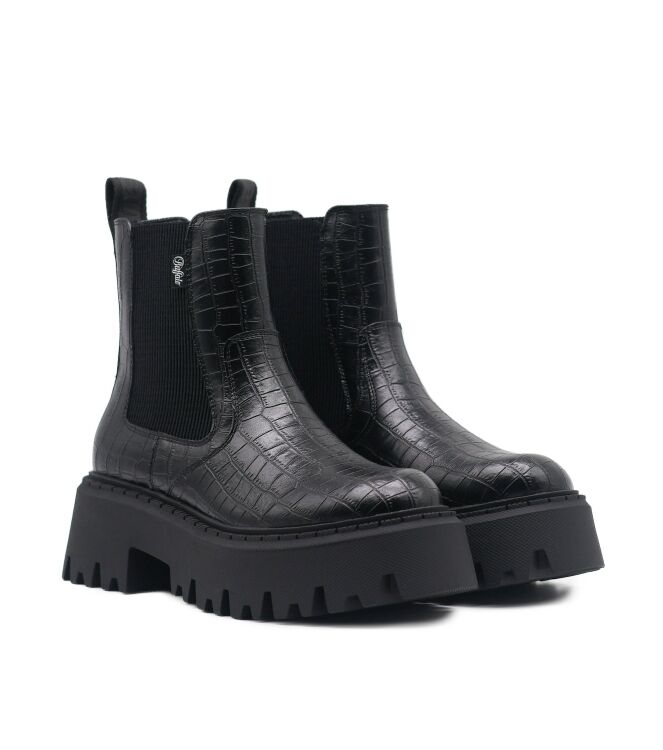 Buffalo Buffalo dames enkelboots plateau zwart Vegan Nappa Croco Black Buffalo Dames Platform Enkellaarzen in Zwart online kopen