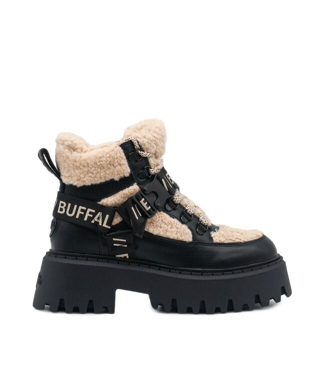 Buffalo Buffalo dames veterboots zwart cream veg Vegan Nubuck Black Cream Buffalo Dames Halfhoge Veterschoenen Gevoerd in Zwart/Creme online kopen