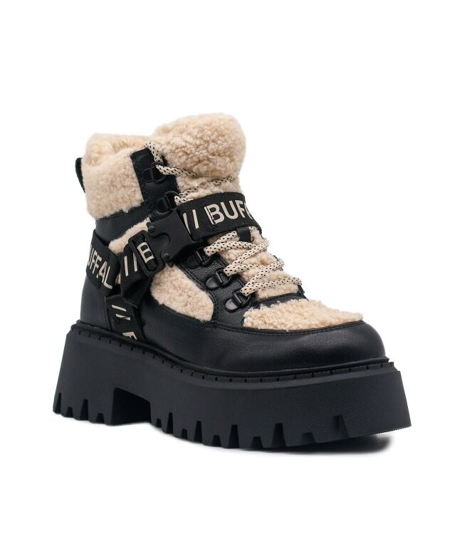 Buffalo Buffalo dames veterboots zwart cream veg Vegan Nubuck Black Cream Buffalo Dames Halfhoge Veterschoenen Gevoerd in Zwart/Creme online kopen