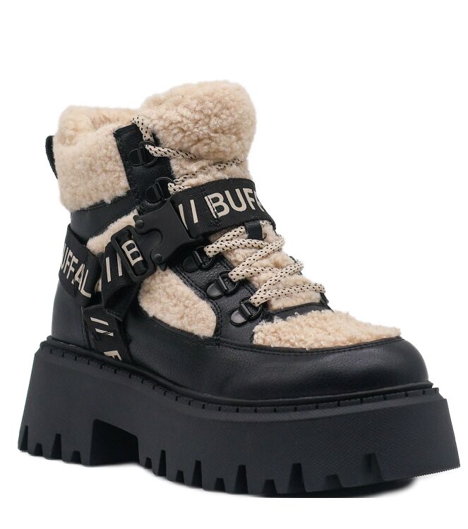 Buffalo Buffalo dames veterboots zwart cream veg Vegan Nubuck Black Cream Buffalo Dames Halfhoge Veterschoenen Gevoerd in Zwart/Creme online kopen