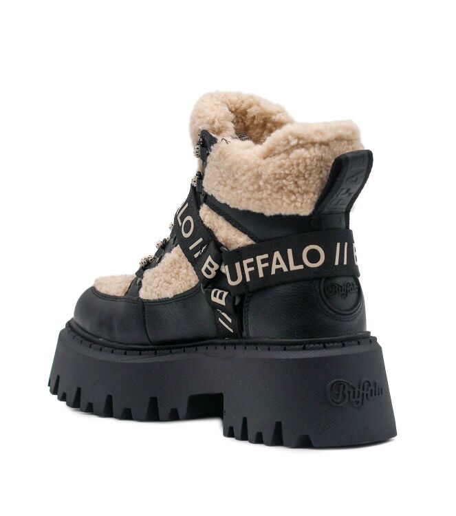 Buffalo Buffalo dames veterboots zwart cream veg Vegan Nubuck Black Cream Buffalo Dames Halfhoge Veterschoenen Gevoerd in Zwart/Creme online kopen