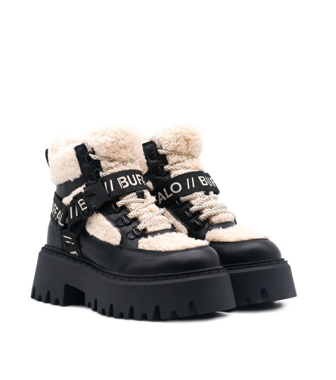 Buffalo Buffalo dames veterboots zwart cream veg Vegan Nubuck Black Cream Buffalo Dames Halfhoge Veterschoenen Gevoerd in Zwart/Creme online kopen