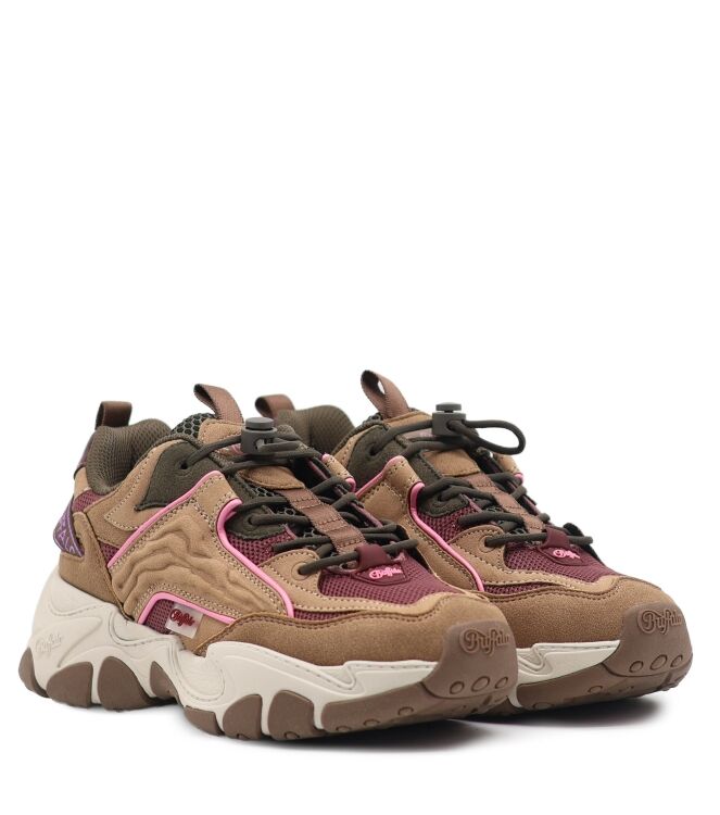 Buffalo Buffalo dames sneakers beige combi Vegan Nubuck Mesh Beige Red Buffalo Dames Sneakers in Beige online kopen